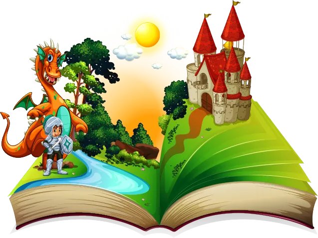 A fantasy scene rising from an open book