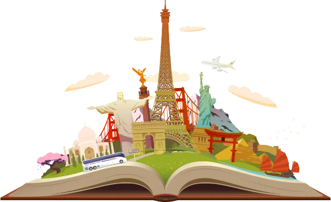 A travel scene rising from an open book