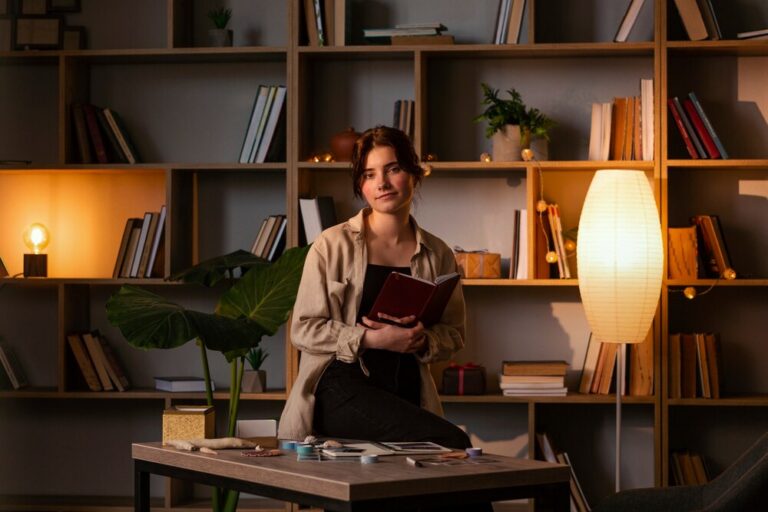Professional author writing a book surrounded by bookshelves